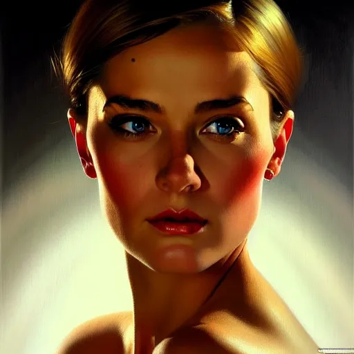 Image similar to close up face of a extremely beautiful bond female vam pire portrait, Masterpiece, oil on canvas, artgerm, norman rockwell, craig mulins, trending on pxiv,