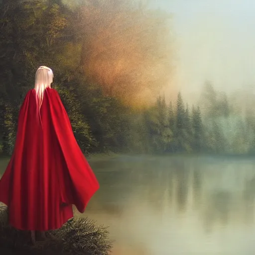 Prompt: a beautiful painting of a lady with white long hair and dressed with a red victorian cloak, seen from behind, standing in a lake, mist, morning light, dreamy atmosphere, cinematic