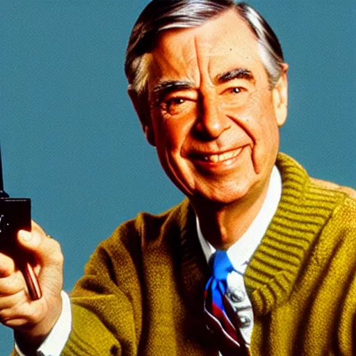 Prompt: Mr. Rogers holding a gun