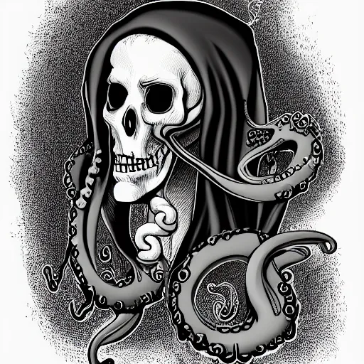 Image similar to grim reaper with tentacles growing from his face, lovecraft, fantasy