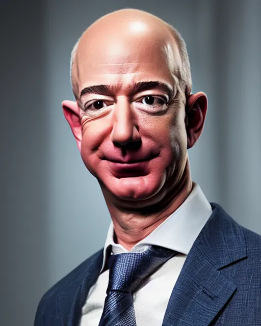 Prompt: A studio portrait of Jeff Bezos looking unhappy, highly detailed, 80mm, f/1.4