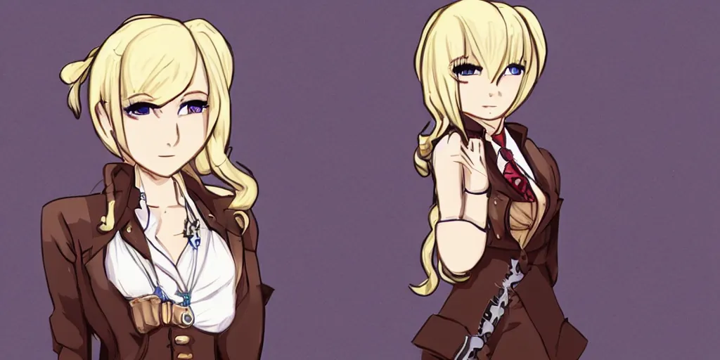 Image similar to visual novel character sprite of a blonde haired steampunk detective girl, 2 d,