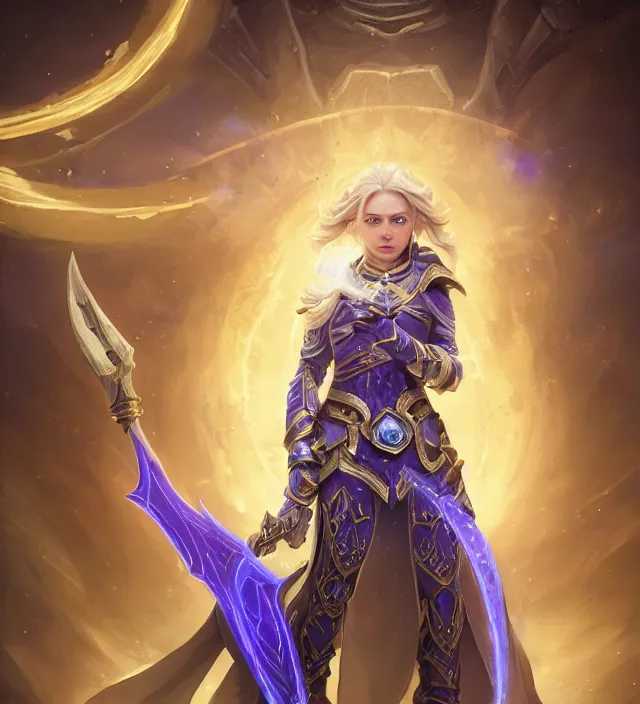 Image similar to Jaina Proudmore portrait, intricate arcane armor with glowing magical runes, flowing blue magical energy, subject in the middle of the frame, rule of thirds, golden ratio, elegant, digital painting, octane 4k render, zbrush, hyperrealistic, artstation, concept art, smooth, sharp focus, illustration from Warcraft by Ruan Jia and Mandy Jurgens and Artgerm and William-Adolphe Bouguerea