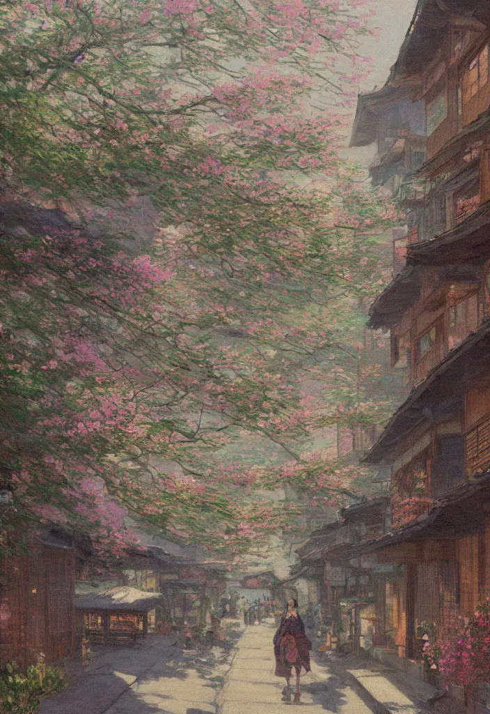 Image similar to a beautiful japanese city in the mountain, amazing ryokans and gorgeous edo era houses, epic cyberpunk, lofi vibe, colorful, vivide colors, amazing light, really beautiful nature, oil painting in impressionist style, by jeremy lipkin, by claude monet, by makoto shinkai, multiple brush strokes, inspired by ghibli, masterpiece, beautiful