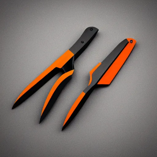 Image similar to a pair of black and orange knifes on a gray background, a 3 d render by dom qwek, trending on polycount, futurism, hard surface modeling, rendered in maya, artstation hd