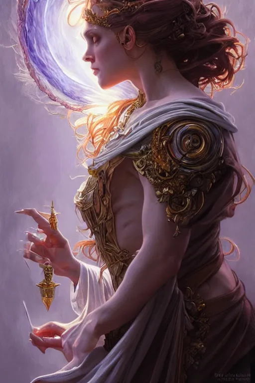 Image similar to white witch crafting magic spells, side view, crafting spells, bright witch, fantasy, chaos, magic, dark magic, dramatic lighting, intricate, wild, highly detailed, digital painting, artstation, concept art, smooth, sharp focus, illustration, art by artgerm and greg rutkowski and alphonse mucha