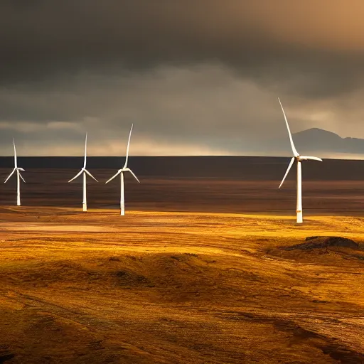 Prompt: humongous wind-turbine in the distance, by Greg Rutkowski, iceland landscape, golden hour, dramatic lighting, epic, gargantuan, intricate detail, 4k, 8k