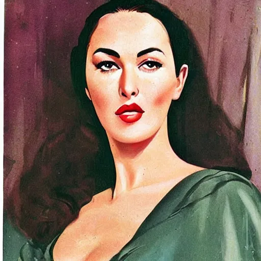 Image similar to “Monica Bellucci portrait, color vintage magazine illustration 1950”