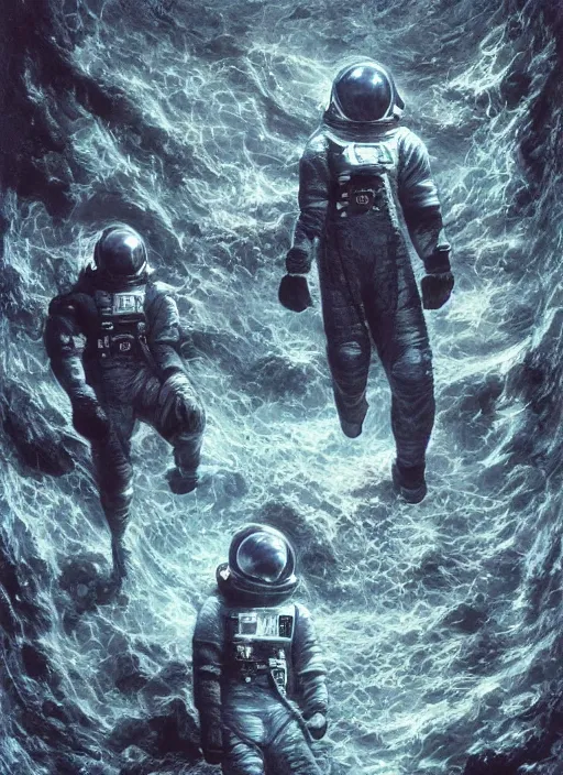 Image similar to astronauts in dark and empty void underwater - complex and hyperdetailed technical suit. reflection and dispersion materials. rays and dispersion of light. volumetric light. 5 0 mm, f / 3 2. noise film photo. flash photography. ultra realistic, wide angle. poster by wayne barlowe, hajime sorayama aaron horkey, craig mullins