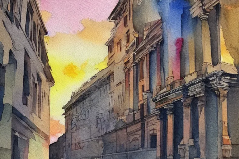 Image similar to !! watercolor!! rome in a sunny day, artwork by tooth wu, colorful high contrast,!! very coherent!!, dark shadow, thick lineart