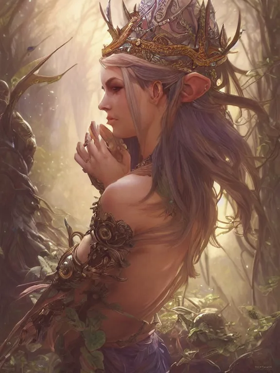 Image similar to world of warcraft elven druid, fantasy, intricate, elegant, highly detailed, digital painting, artstation, concept art, wallpaper, smooth, sharp focus, illustration, art by artgerm and greg rutkowski and alphonse mucha