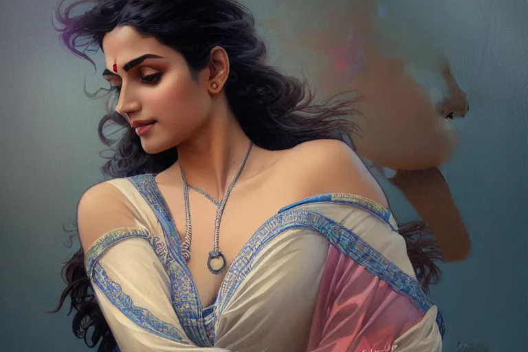 Image similar to sensual pale beautiful indian doctor in jeans, art deco portrait, elegant, intricate, digital painting, artstation, concept art, smooth, sharp focus, illustration, art by artgerm and greg rutkowski and alphonse mucha