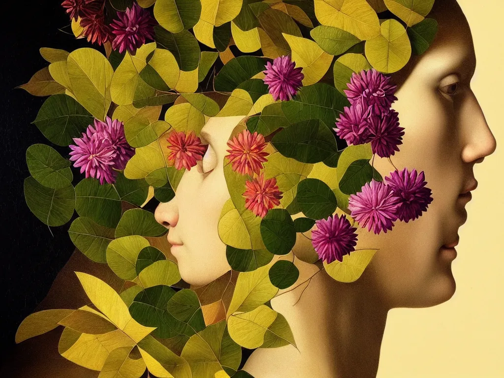 Image similar to hyperrealistic still life portraita womans face in profile, made of flowers and leaves, sacred geometry, light refracting through prisms in a tesseract, by caravaggio, botanical print, surrealism, vivid colors, serene, golden ratio, rule of thirds, negative space, minimalist composition