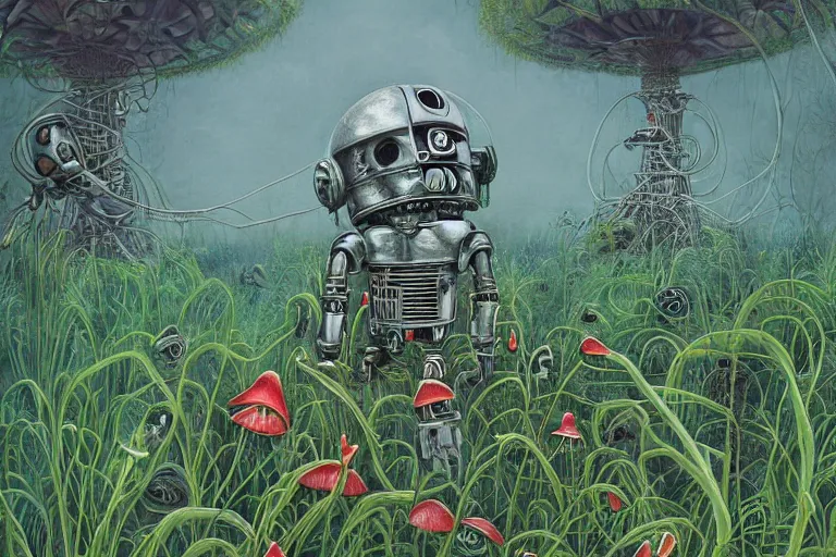 Prompt: surreal painting by josh pierce and chesley bonestelll!!, a lot of jungle flowers and plants + poison toxic mushrooms surrounded by cables + long grass + broken droid + garden dwarf + mystic fog, 5 0's vintage sci - fi style, rule of third!!!!, line art, 8 k, super detailed, high quality