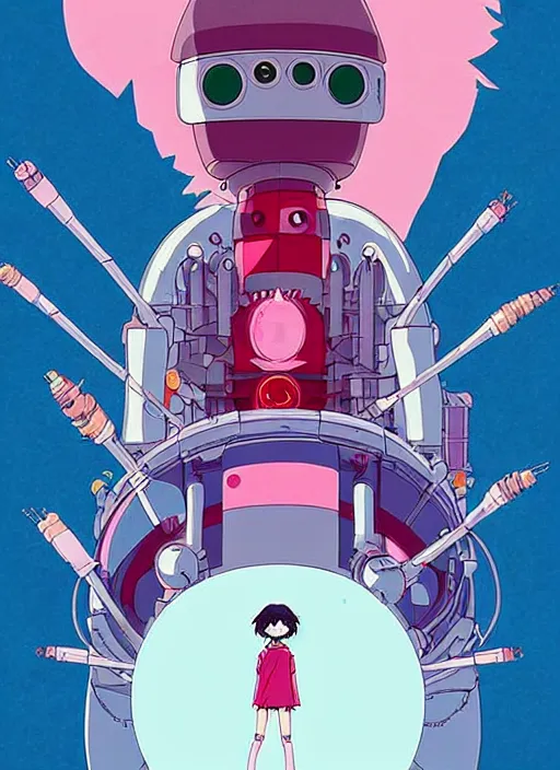 Image similar to a movie poster for a studio Ghibli film based on the song Yoshimi battles the pink robots, part 1. by the band the flaming lips; artwork by Hiyao Miyazaki and studio Ghibli; a Japanese girl is fighting a gigantic evil Pink Robot in an alley in Tokyo artwork by James jean, Phil noto