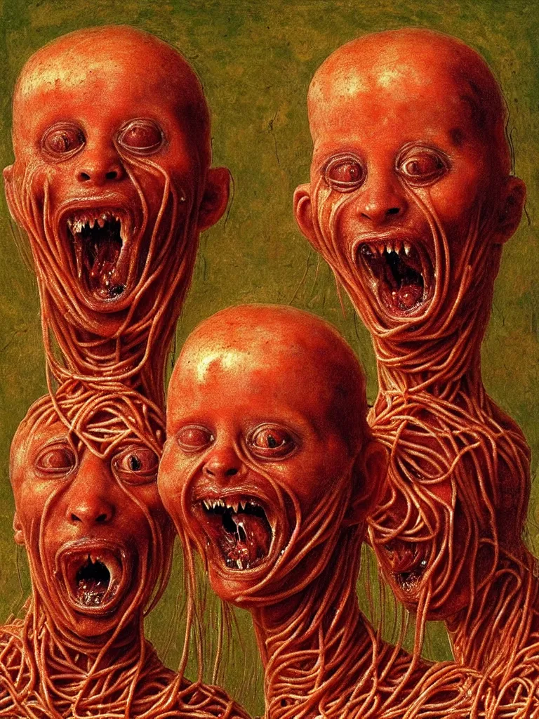 Image similar to siamese twins made of spaghetti and tomato sauce, looking straight into camera, screaming in agony, by giuseppe arcimboldo and ambrosius benson and beksinski, renaissance, intricate and intense oil paint, a touch of hr giger and edward munch, realistic