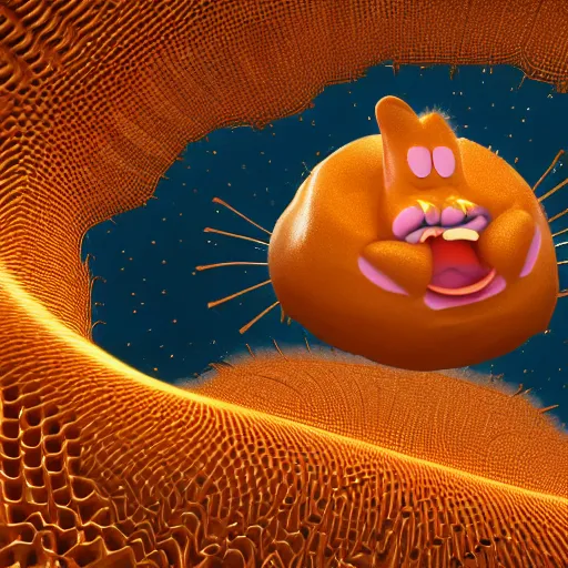 Image similar to cosmic 3 d fractal of garfield, hyper detailed, digital art, trending in artstation, cinematic lighting, studio quality, smooth render, unreal engine 5 rendered, octane rendered