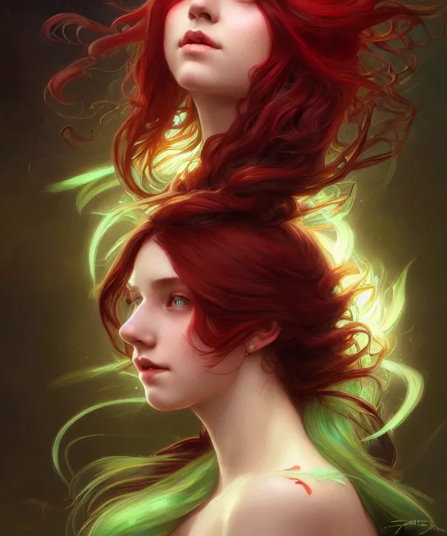 Prompt: Fae teenage girl, portrait, face, long red hair with green highlights, fantasy, intricate, elegant, highly detailed, digital painting, artstation, concept art, smooth, sharp focus, illustration, art by artgerm and greg rutkowski and alphonse mucha