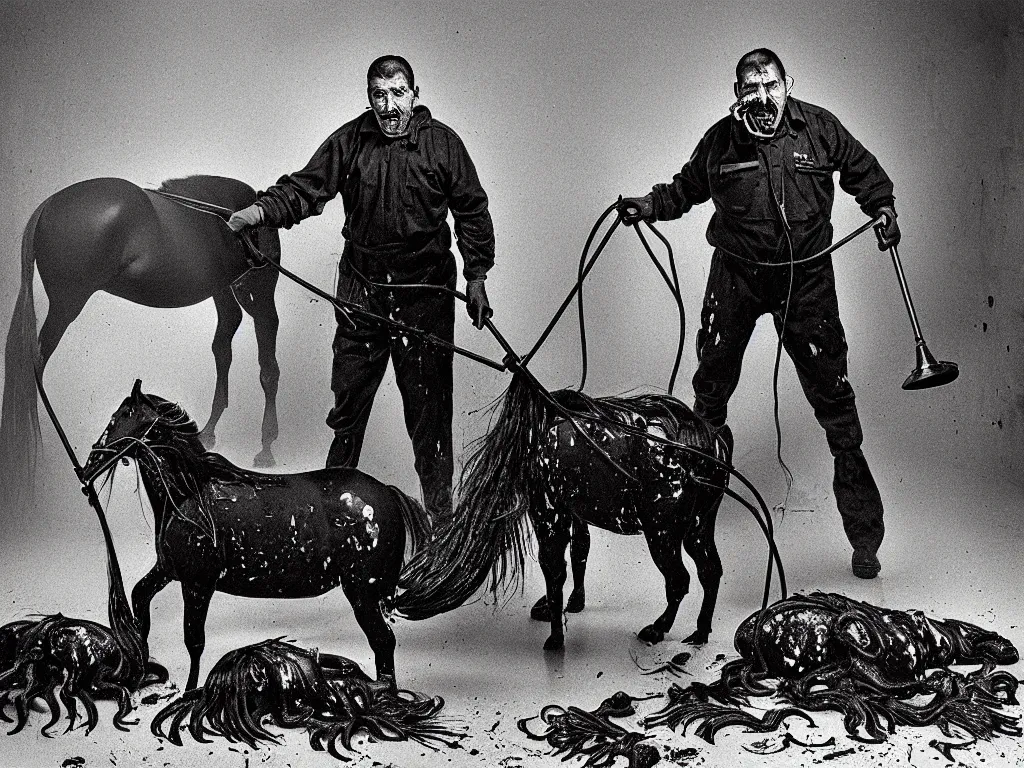 Prompt: a putrefying portrait photograph of a janitor who is gradually being invaded by horses. the floor is covered in a thick layer of gelatin and the janitor is coughing up a fine mist of squids and tadpoles