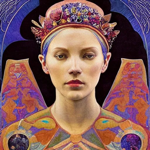 Prompt: the night crown, by Annie Swynnerton and Nicholas Roerich and Diego Rivera, embroidered robes, starry tattoos, elaborate costume, geometric ornament, symbolist, soft colors, dramatic lighting, smooth, sharp focus, extremely detailed