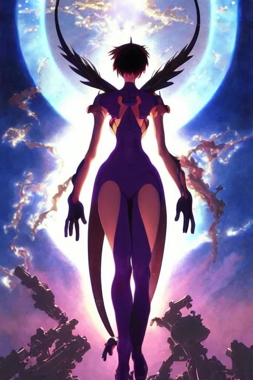 Image similar to beautiful full length movie poster for End of Evangelion unit 01 as a glowing mechanic god, like blackpink lisa+smoky eyes+front face l, ultradetail face, art and illustration by tian zi and craig mullins and WLOP and alphonse mucha, fantasy, intricate complexity, human structure, human anatomy, fantasy character concept, watermark, blurry, hyperrealism 8k