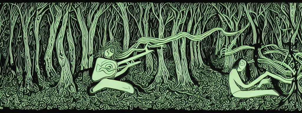 Prompt: a grunge technogaianist long-haired blonde digital musician playing modular synthesizer in the forest, technology and nature swirling in harmony, postmodern surrealist concert poster, grainy, hand drawn matte poster by Tara McPherson and Gary Houston, smooth, sharp focus, extremely detailed.