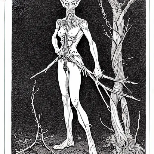 Image similar to full body of an elven witch,intricate, veins, by Hugo pratt, ultradetailed