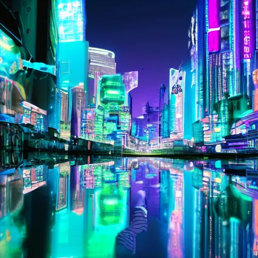 Image similar to cyberpunk city with a woman with a side head shave. city lights of aqua, green, and purple neon lighting, reflections