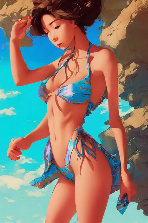 Image similar to beautiful girl bikini by artgerm, tooth wu, dan mumford, beeple, wlop, rossdraws, james jean, marc simonetti, artstation giuseppe dangelico pino and michael garmash and rob rey and greg manchess and huang guangjian and makoto shinkai