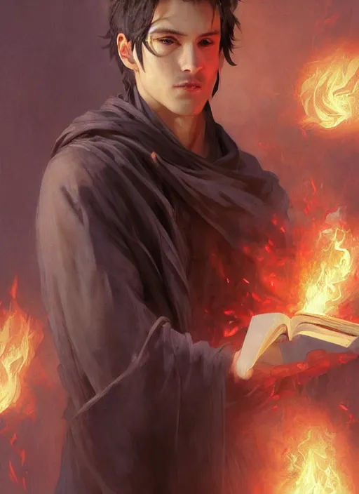 Prompt: character concept portrait of an attractive young angry Spanish wizard with pale red skin enchanting a flaming spell, a floating iridescent spell book in the center, intricate, elegant, digital painting, concept art, smooth, sharp focus, illustration, from Metal Gear, by Ruan Jia and Mandy Jurgens and William-Adolphe Bouguereau, Artgerm
