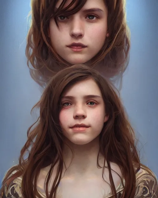 Image similar to symmetry!! portrait of smiling 1 5 - year - old girl with voluminous bushy brown hair, large front teeth, and bright piercing brown eyes, highly detailed, digital painting, artstation, concept art, smooth, sharp focus, illustration, art by artgerm and greg rutkowski and alphonse mucha