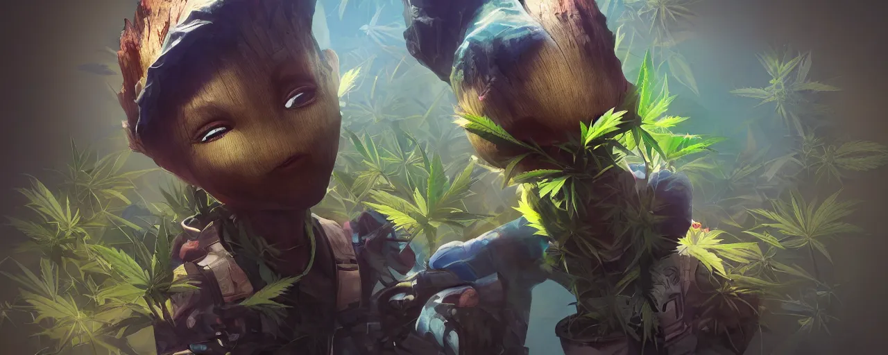 Image similar to duotone concept illustration 3 / 4 portrait of baby groot wearing cannabis hat, hemp, marijuana!, cinematic volumentric lighting, jim cheung, david marquez, mike deodato jr, ilya kuvshinov, makoto shinka, behance hd by jesper ejsing, by rhads, hyper detailed, octane render, concept art, artstation