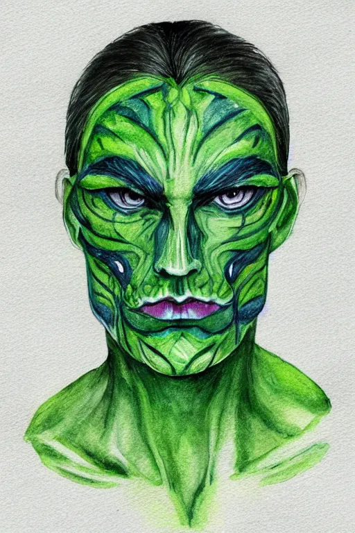 Image similar to green man with prominent cheekbones, deep dimples, and strong jawline. blue eyes, green skin, black hair with white streaks. fantasy portrait illustration, watercolor and colored pencils.