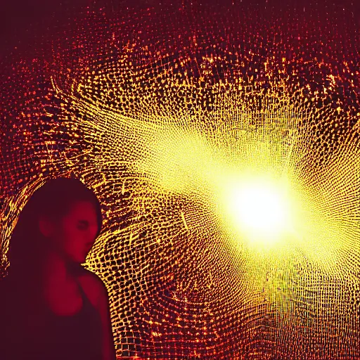 Prompt: abstract glowing mesh particles in the silhouette of a woman