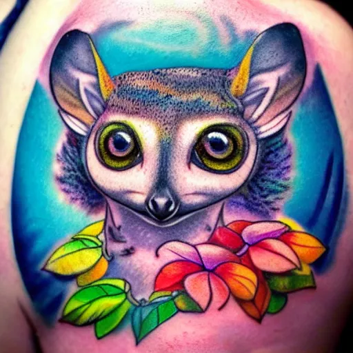 Prompt: shoulder tattoo of a multicolored trippy bushbaby with rainbow colored spiral eyes, long fur in rainbow colors, surrounded with colorful leaves and flowers, insanely integrate