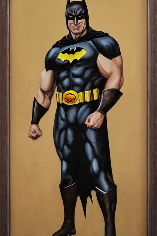 Prompt: A portrait painting of a muscular man wearing batman costume