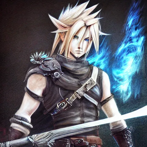 Prompt: cloud strife in the art style of breath of the wild and luis royo, grimdark dramatic lighting, digital art, intricate, highly detailed, matte painting, fine art