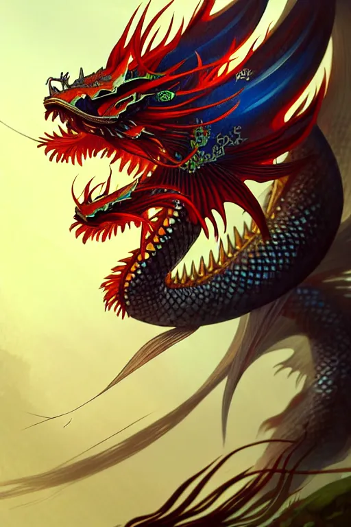 Image similar to a fish with a beautiful fin, chinese dragon concept art, d & d, highly detailed, digital painting, artstation, sharp focus, illustration, art by tan zi and ayanamikodon and alphonse mucha and wlop