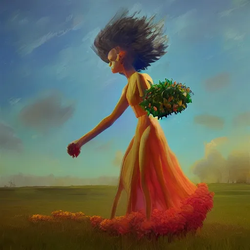 Image similar to portrait, giant rose flower head, girl walking in a suit, surreal photography, sunrise, blue sky, dramatic light, impressionist painting, digital painting, artstation, simon stalenhag