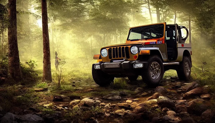 Image similar to Mahindra thar, in the forest, plants environment, wide angle, cinematic lighting, atmospheric, realistic, octane render, highly detailed, color graded, in the style of craig mullins
