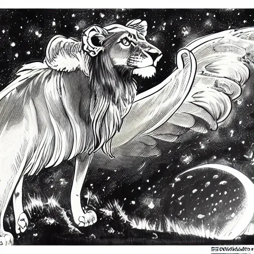 Prompt: lioness with wings in outer space, ink on paper, 8k high quality detailed art, trending on art station, manga art, by Eiichiro Oda