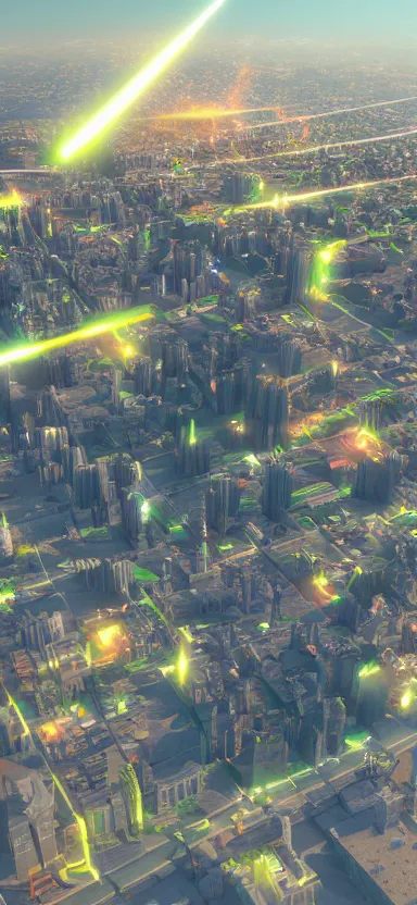 Image similar to unreal engine 5 render of a happy city on a sunny day with lasers coming out of the clouds, digital art ”