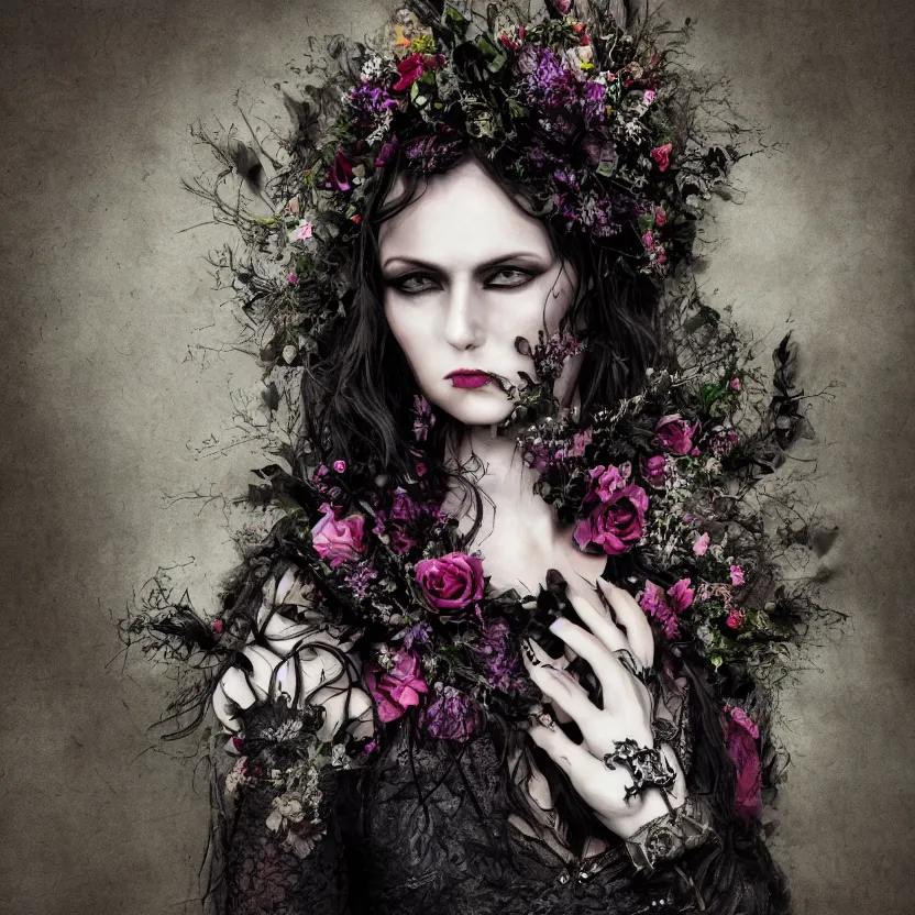 Image similar to A portrait of a Gothic goddess of floral jewels in an empty land, dark and mysterious, lively atmospheric, cinematic, 8k, 4k, ultra detail, ultra-realistic, rendered by DeviantArt