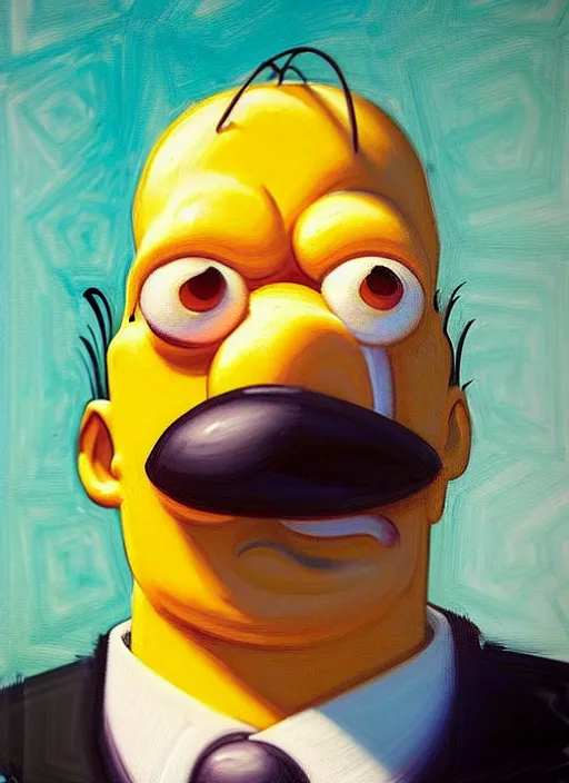 Image similar to portrait of homer simpson in the supermarket painted by Salvador Dali, calm, fantasy character portrait, dynamic pose, artwork by Jeremy Lipkin and Giuseppe Dangelico Pino and Michael Garmash and Rob Rey, very coherent asymmetrical artwork, sharp edges, perfect face, simple form, 100mm