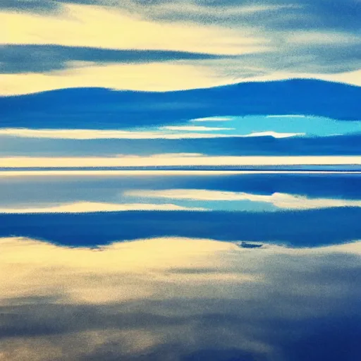 Image similar to a still plain of endless water across the horizon, no waves, no ripples, with a blue sky above it and reflected within it