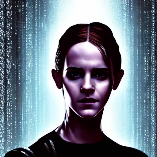 Prompt: emma watson as a cyborg in the matrix, digital art, detailed, painting, fantasy, sci fi