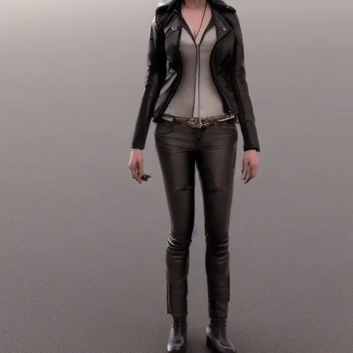 Prompt: a woman in a leather jacket posing for a picture, concept art by senior character artist, cgsociety, shock art, androgynous, daz3d, full body