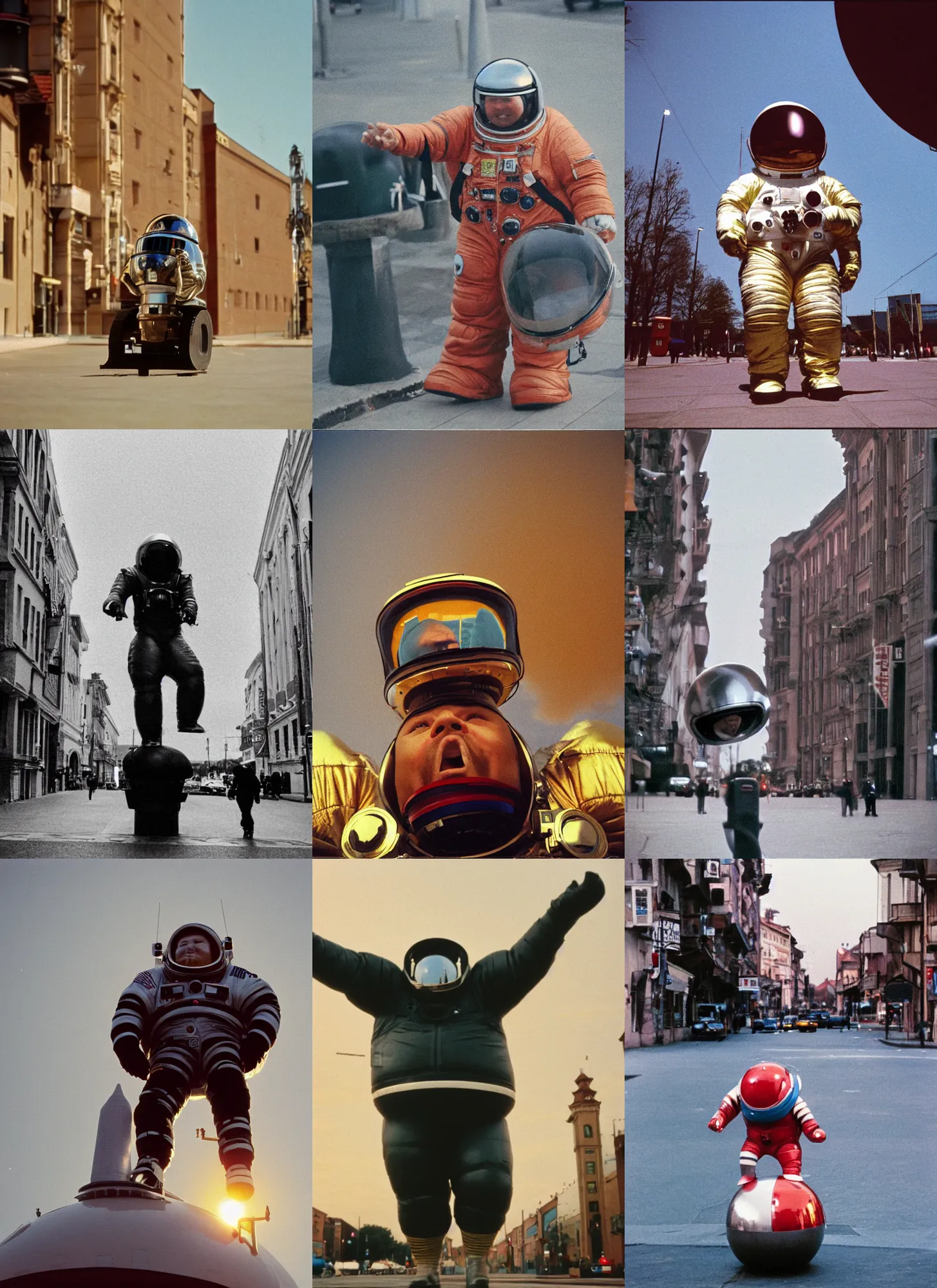 Prompt: extreme low angle, a 3 5 mm kodachrome photo of a enormous giant towering chubby american astronaut in spacesut with oversized helmet walking in legnica, movie still, bokeh, canon 5 0 mm, cinematic lighting, dramatic, film, photography, depth of field, award - winning, overcast, 8 k, 3 5 mm film grain