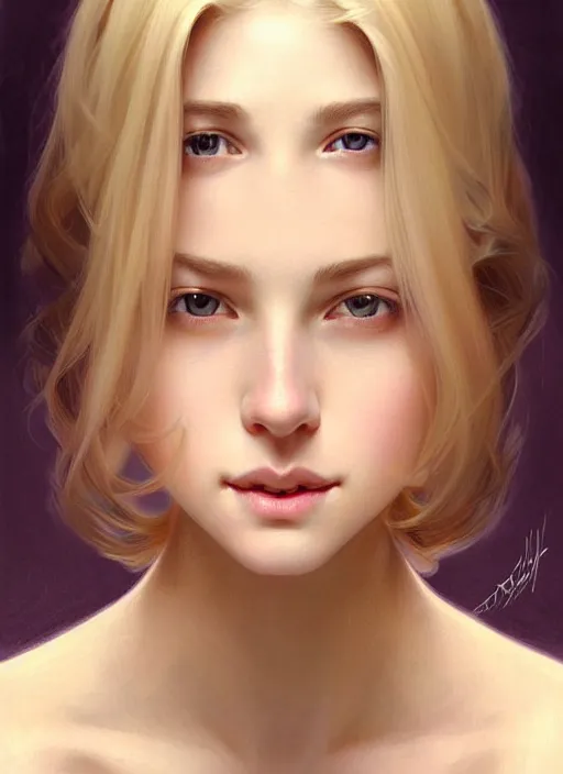 Image similar to beautiful feminine face! portrait of young woman blessed by god with ever - increasing physical and mental perfection, blonde hair, symmetrical!! intricate, elegant, highly detailed, vision of holy perfection!! smile, digital painting, artstation, concept art, smooth, sharp focus, illustration, art by artgerm and greg rutkowski and alphonse mucha