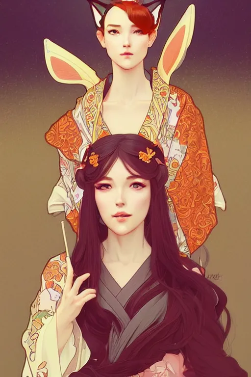 Image similar to A beautiful woman with fox ears who wears kimono, highly detailed, digital painting, artstation, concept art, smooth, sharp focus, illustration, art by artgerm and alphonse mucha, high definition digital art, in the style of Ross tran and ilya kuvshinov